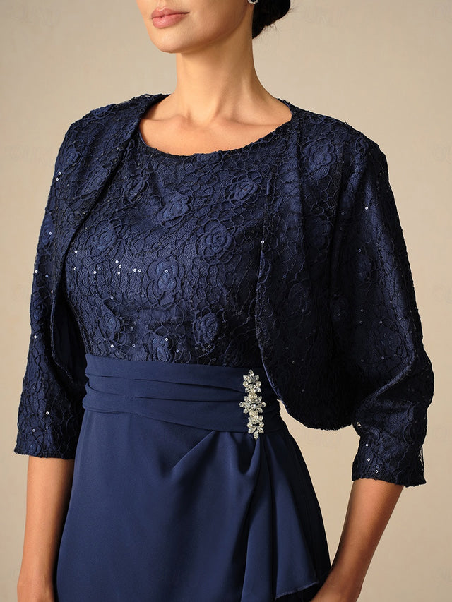 Damen Cocktailkleid mit Spitze – Chiffon Patchwork Midi-Kleid Navy Blau, 3/4-Arm, Rundhals, für Hochzeit & Frühling-Herbst