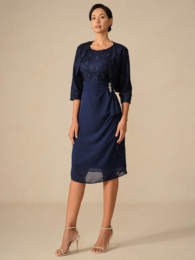 Damen Cocktailkleid mit Spitze – Chiffon Patchwork Midi-Kleid Navy Blau, 3/4-Arm, Rundhals, für Hochzeit & Frühling-Herbst