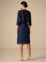 Damen Cocktailkleid mit Spitze – Chiffon Patchwork Midi-Kleid Navy Blau, 3/4-Arm, Rundhals, für Hochzeit & Frühling-Herbst