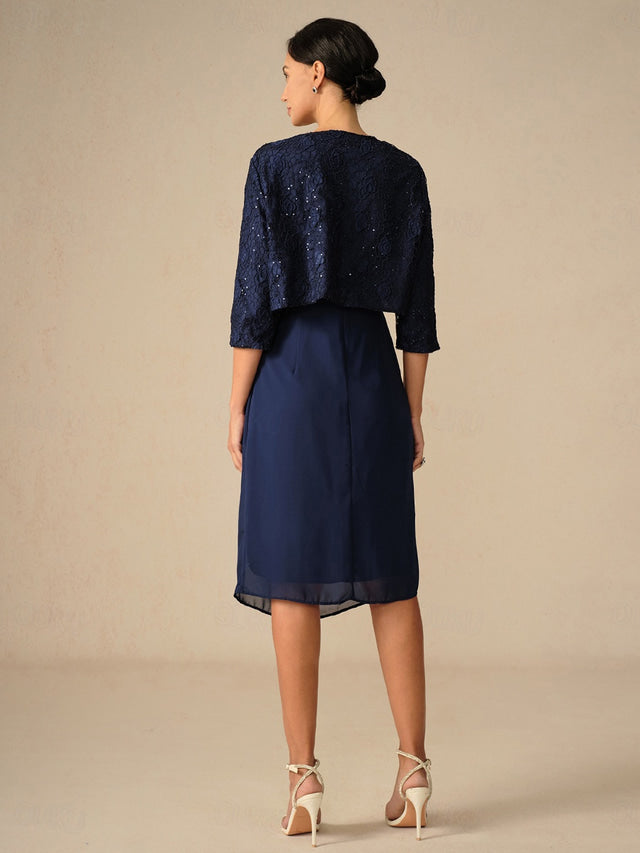 Damen Cocktailkleid mit Spitze – Chiffon Patchwork Midi-Kleid Navy Blau, 3/4-Arm, Rundhals, für Hochzeit & Frühling-Herbst