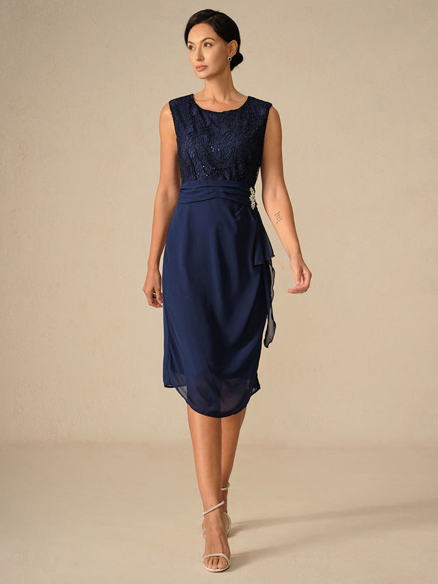 Damen Cocktailkleid mit Spitze – Chiffon Patchwork Midi-Kleid Navy Blau, 3/4-Arm, Rundhals, für Hochzeit & Frühling-Herbst