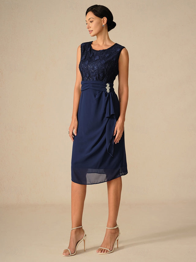 Damen Cocktailkleid mit Spitze – Chiffon Patchwork Midi-Kleid Navy Blau, 3/4-Arm, Rundhals, für Hochzeit & Frühling-Herbst
