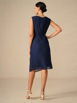 Damen Cocktailkleid mit Spitze – Chiffon Patchwork Midi-Kleid Navy Blau, 3/4-Arm, Rundhals, für Hochzeit & Frühling-Herbst