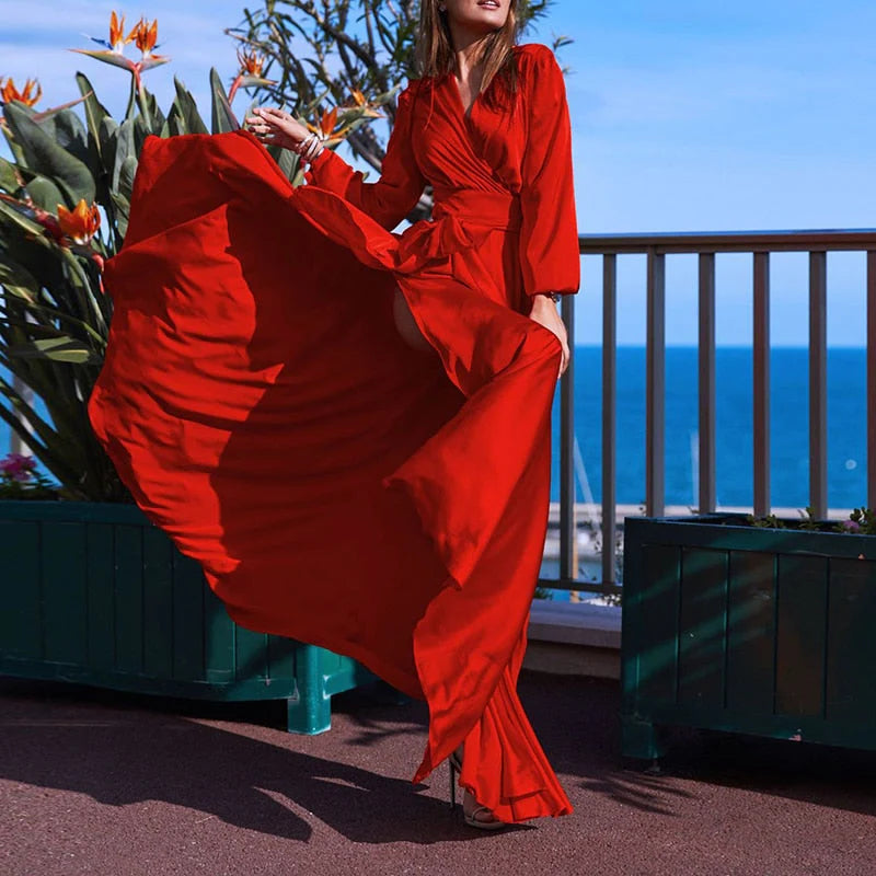 Damen Elegantes langärmeliges Maxikleid mit Schlitz