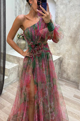 Damen Romantisches Abendkleid mit Blumenmuster und Schlitz