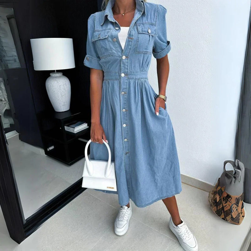 Damen Vintage Stil Sommer Denim Kleid