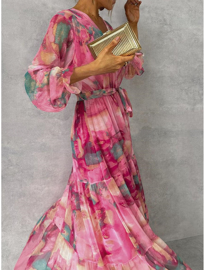 Elegantes Maxikleid Damen – Chiffon A-Linie Kleid mit Blumenmuster, V-Ausschnitt, Langarm, Fuchsia für Hochzeit & Party