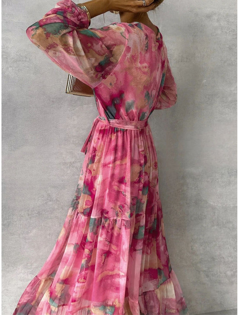 Elegantes Maxikleid Damen – Chiffon A-Linie Kleid mit Blumenmuster, V-Ausschnitt, Langarm, Fuchsia für Hochzeit & Party